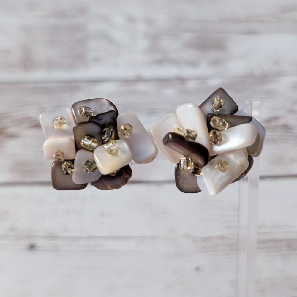 Vintage Clip On Earrings Large Cream & Brown Tones